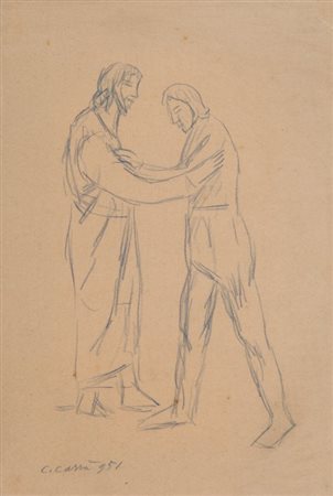 CARLO CARRA' (1881-1966) L'incontro 1951disegno su carta intelata cm...