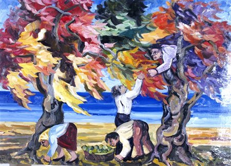 TERRUSO SAVERIO (Monreale 1939 - Milano 2003) "Raccolta" olio su tela Firma e...