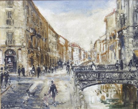 BASORINI PIERANGELO "Ponte sul naviglio" olio su tela Firmato in basso a...