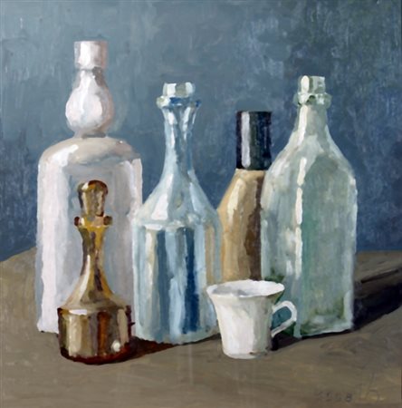 BENFATTI F "Bottiglie chiare" olio su tela Firma in basso a destra. Titolo e...