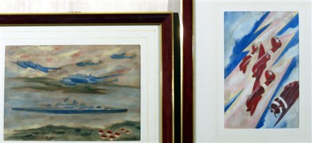 ARDIGO' PIETRO "Lotto di 2 opere" A) "Aerei", dipinto ad olio su carta...