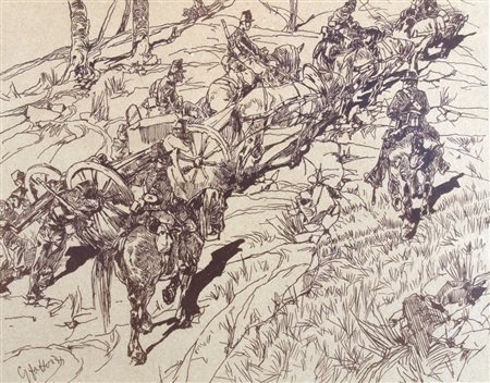 FATTORI GIOVANNI "Soldati a cavallo" incisione su carta Firma in basso a...