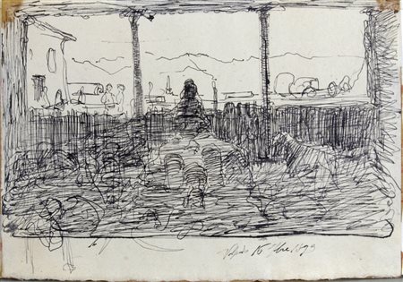 VOLPEDO PELLIZZA "Portico con pecore in controluce" 1893 china su carta Firma...