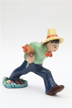 PUCCI, UmbertideFigura di piccolo contadino con ombrello, anni "40. Marcata...