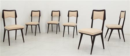 SEI SEDIE, anni "50. Legno di mogano, sedute e schienali imbottiti rivestiti...