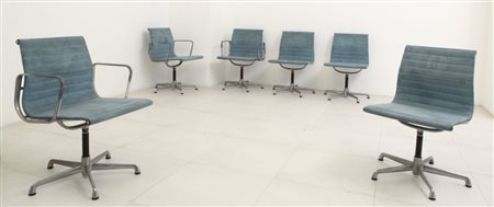 CHARLES & RAY EAMESTre sedie e tre poltroncine della serie "Aluminium Group"...