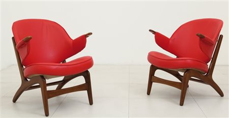 ARNE HOUDMAN OLSEN Due poltroncine, anni "60. Legno di teak, imbottiture...