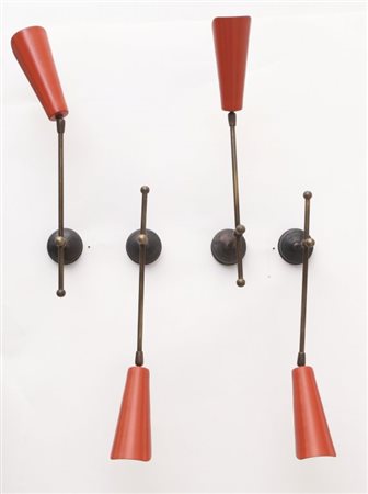 QUATTRO LAMPADE A PARETE, circa 1960. Ottone, alluminio laccato. Altezza cm...