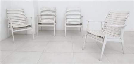 QUATTRO POLTRONCINE DA ESTERNO. Anni "60. Legno laccato. Altezza cm 83,...