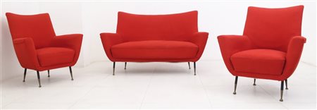 UN SOFA" E DUE POLTRONE, anni "60. Strutture in legno, gambe di ferro...