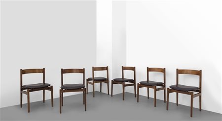 GIANFRANCO FRATTINISei sedie "101" per CASSINA, 1959. Legno di noce, sedili...