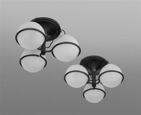 GINO SARFATTI Due lampade a plafone "2042/3" per ARTELUCE, 1963. Alluminio...