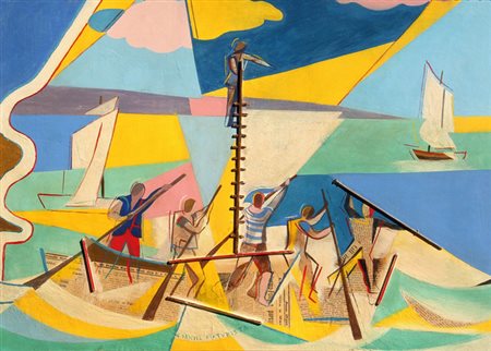 Giulio D'ANNA (Villarosa 1908-Messina 1978) Pesca al pesce spada, 1933, olio...