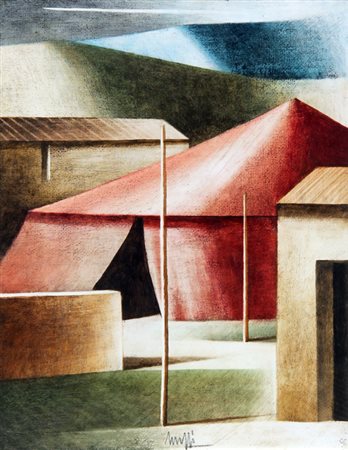 Marcello SCUFFI (Tizzana, 1948-) Il circo nell'aia, olio su tela, cm. 40 x...