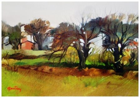 ALBA CENTONI Autunno 1977 Olio su tavola 25 x 34. Firma in b. a s.; sul verso...