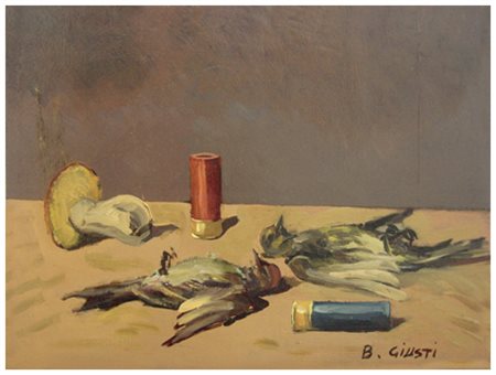 BRUNO GIUSTI Livorno 1937 Senza titolo Olio su tavola 25,5 x 34. Firma in b....