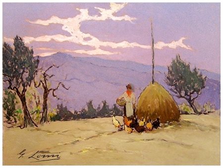 GIOVANNI LOMI Ardenza 1889 – Ardenza 1969 Sull’aia verso il tramonto Olio su...
