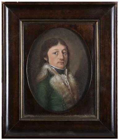 RITRATTISTA PRIMI OTTOCENTO Ritratto di uomo giacca verde con pelliccia...