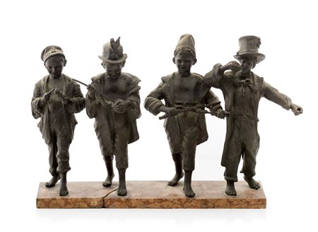 SCULTORE NAPOLETANO XIX SECOLO I quattro musici Gruppo in bronzo cm 29 x 41 x...