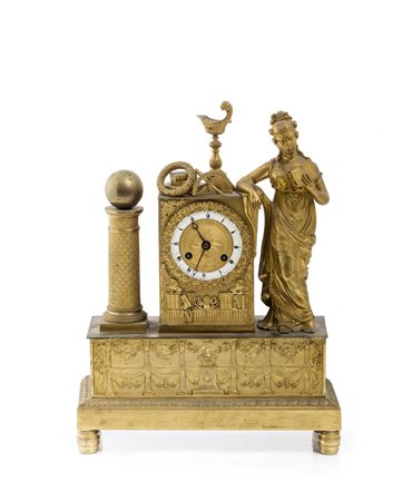 OROLOGIO PARIGINA IN BRONZO DORATO Al mercurio con Musa del Sapere con...