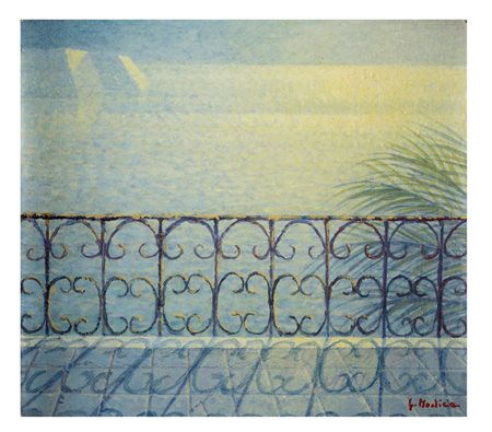 GIUSEPPE MODICA Mazara del Vallo 1953 Marina Olio su cartone cm 23 x 25 Firma...