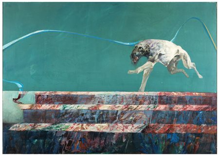 RENZO VESPIGNANI Roma 1924 - 2001 Cane che corre 1966 Olio su tela cm 100 x...