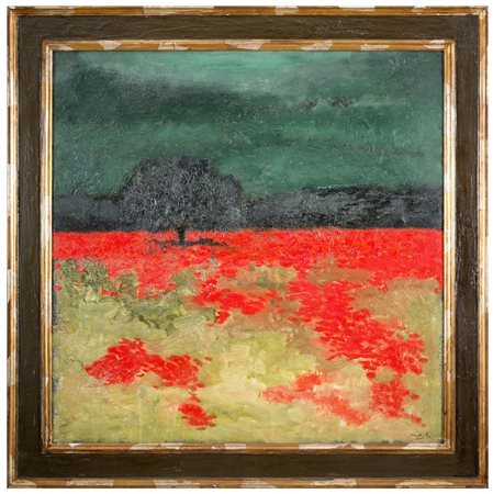 CARLO MATTIOLI Modena 1911 - Parma 1994 Albero e papaveri 1974 Olio su tela...
