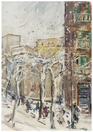 GUIDO CASCIARO Napoli 1900 - 1963 La neve a Napoli Olio su tavoletta cm 35 x...
