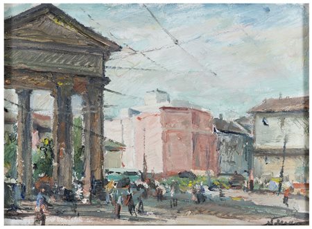 EUGENIO POLESELLO Pordenone 1895 - 1983 Porta Ticinese 1945 Olio su tavoletta...