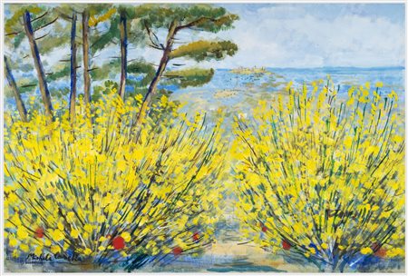 MICHELE CASCELLA Ortona 1892 - Milano 1989 Paesaggio con ginestre Olio su...