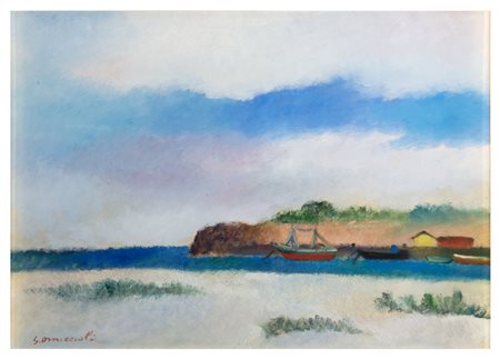 GIOVANNI OMICCIOLI Roma 1901 - 1975 Litorale romano Olio su cartone cm 35 x...