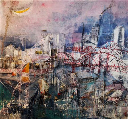 Gian Luigi Serravalli Ferrara 1949 GRANDE PORTO CON LUNA E GRU ARANCIONI 2000...