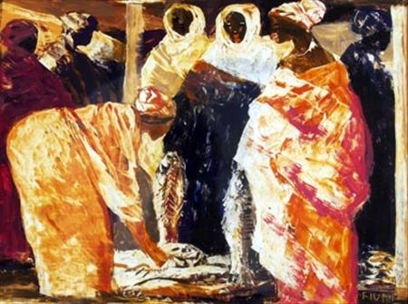 FIUME SALVATORE (Comiso 1915 - Canzo 1997) "Mercato d'harar" Olio su faesite...