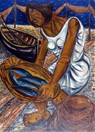 MIGNECO GIUSEPPE (Messina 1908 - Milano 1997) "Pescatrice" anni '70 Olio su...