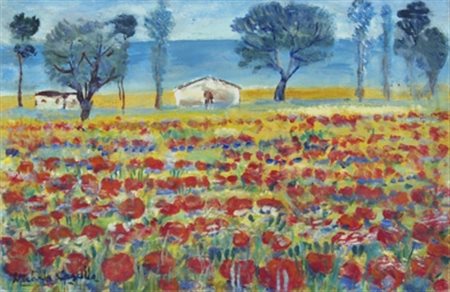CASCELLA MICHELE (Ortona 1892 - Milano 1989) "Campo di papaveri" Olio su tela...