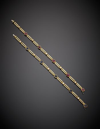 Due braccialetti in oro giallo e diamanti rotondi uno con zaffiri e l'altro...