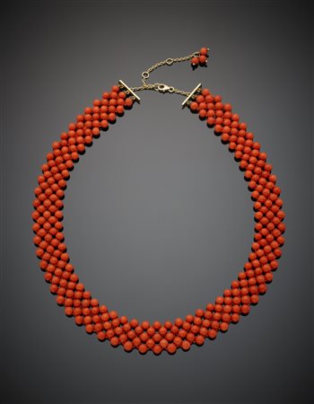 Collier in corallo rosso/arancio di boules da mm 5 a mm 5,50, infilate come...