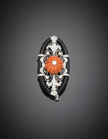Spilla in oro bianco 585/000 onice e corallo con piccoli diamanti g.12,40...