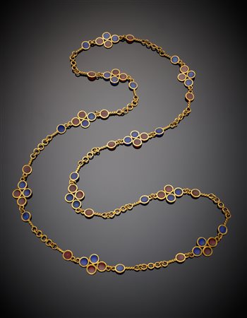 Collana in oro giallo intercalata con smalti cattedrali rossi e blu g. 65,90,...