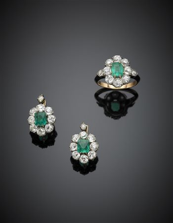 Demiparure in oro giallo, argento, diamanti e smeraldi composta da anello e...