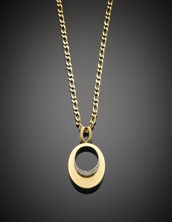 Lunga collana groumette 1+1, pendente in oro giallo e bianco con pavè di...