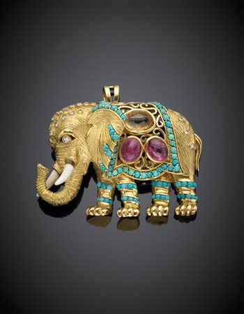 LEGNAZZI Grande spilla/pendente a forma di elefante in oro giallo zigrinato e...