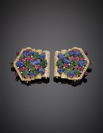 Doppia broches in oro giallo con diamanti rotondi rubini zaffiri e smeraldi...