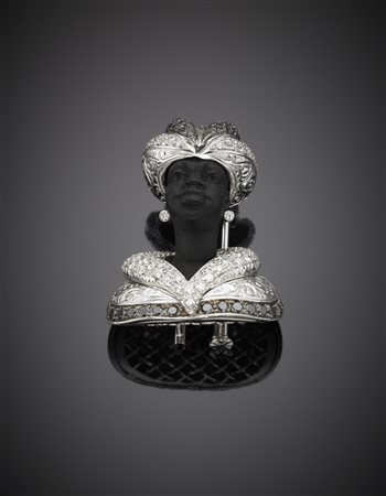 MISSIAGLIA Broche moretto in onice rifinita in oro bianco con diamanti, g....