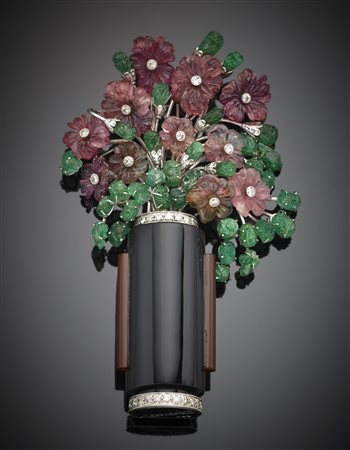 A.CODOGNATO Spilla in oro bianco a mazzo di fiori in tormaline, smeraldi...