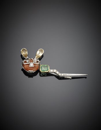 CIRIO TORINO Broche in oro bianco e giallo a forma di topolino con quarzo...