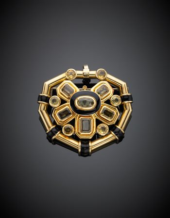 Grande spilla/pendente stilizzata in oro giallo quarzi citrini e smalto nero,...