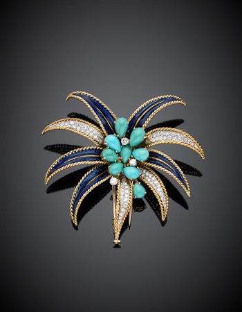 BULGARI Spilla in oro giallo e bianco con smalto blu rifinita da diamanti e...