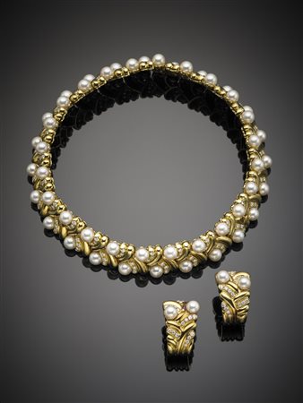 Demi-parure collier ed orecchini a maglia modulare in oro giallo diamanti e...