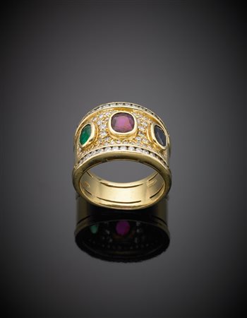 Anello in oro giallo a fascia con diamanti rotondi, uno zaffiro, un rubino ed...